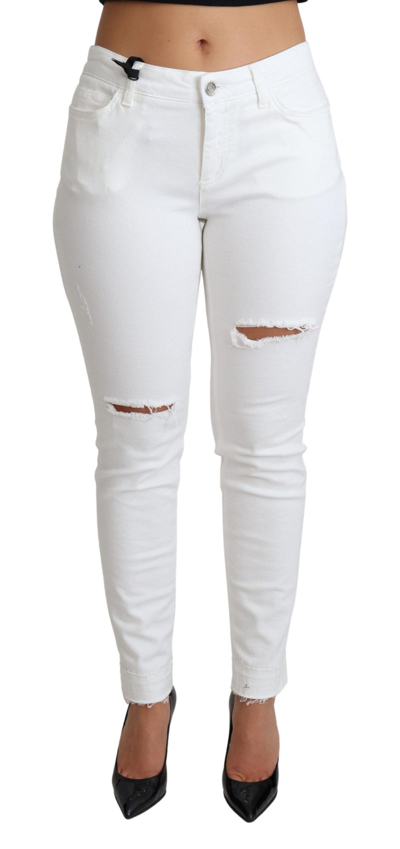 White Tattered Skinny Denim Cotton Stretch Jeans-Dolce & Gabbana-LabelTerrace.com