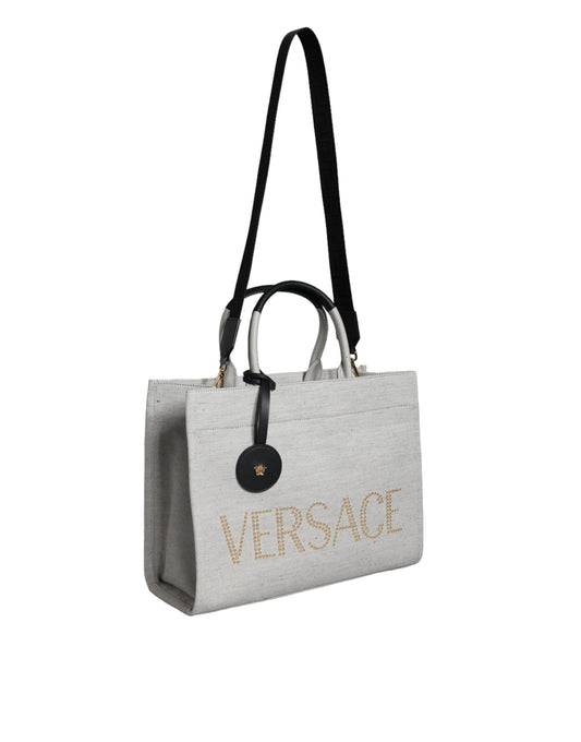 White Top Handle Canvas Leather Logo Crossbody Tote Bag-Versace-LabelTerrace.com