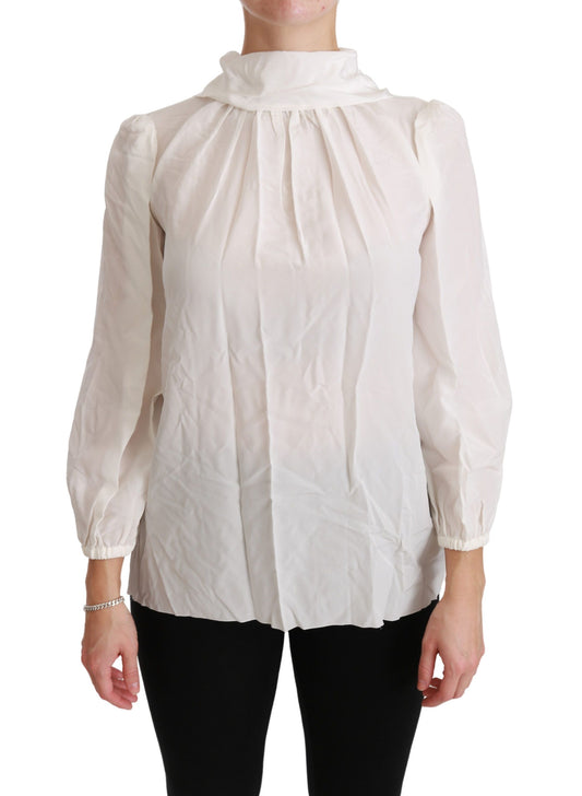 White Turtle Neck Blouse Shirt Silk Top-Dolce & Gabbana-LabelTerrace.com