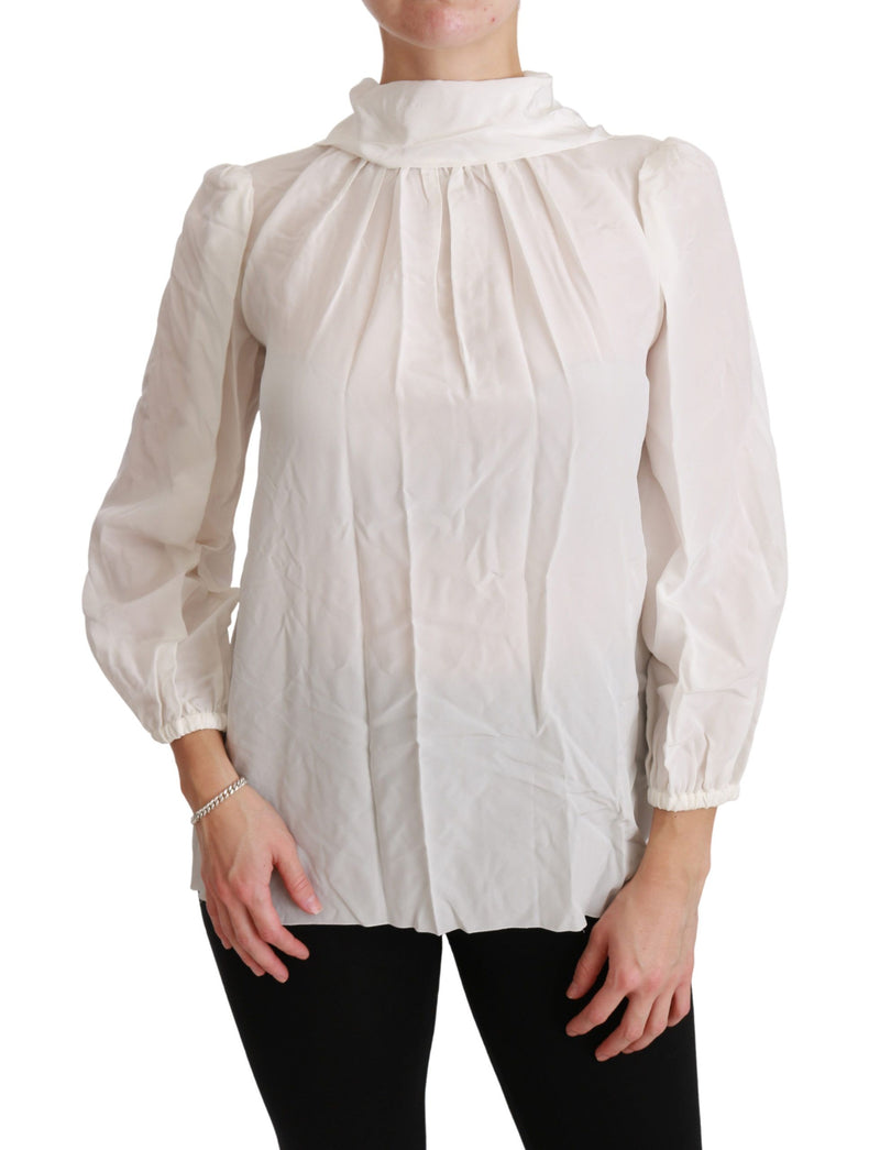 White Turtle Neck Blouse Shirt Silk Top-Dolce & Gabbana-LabelTerrace.com