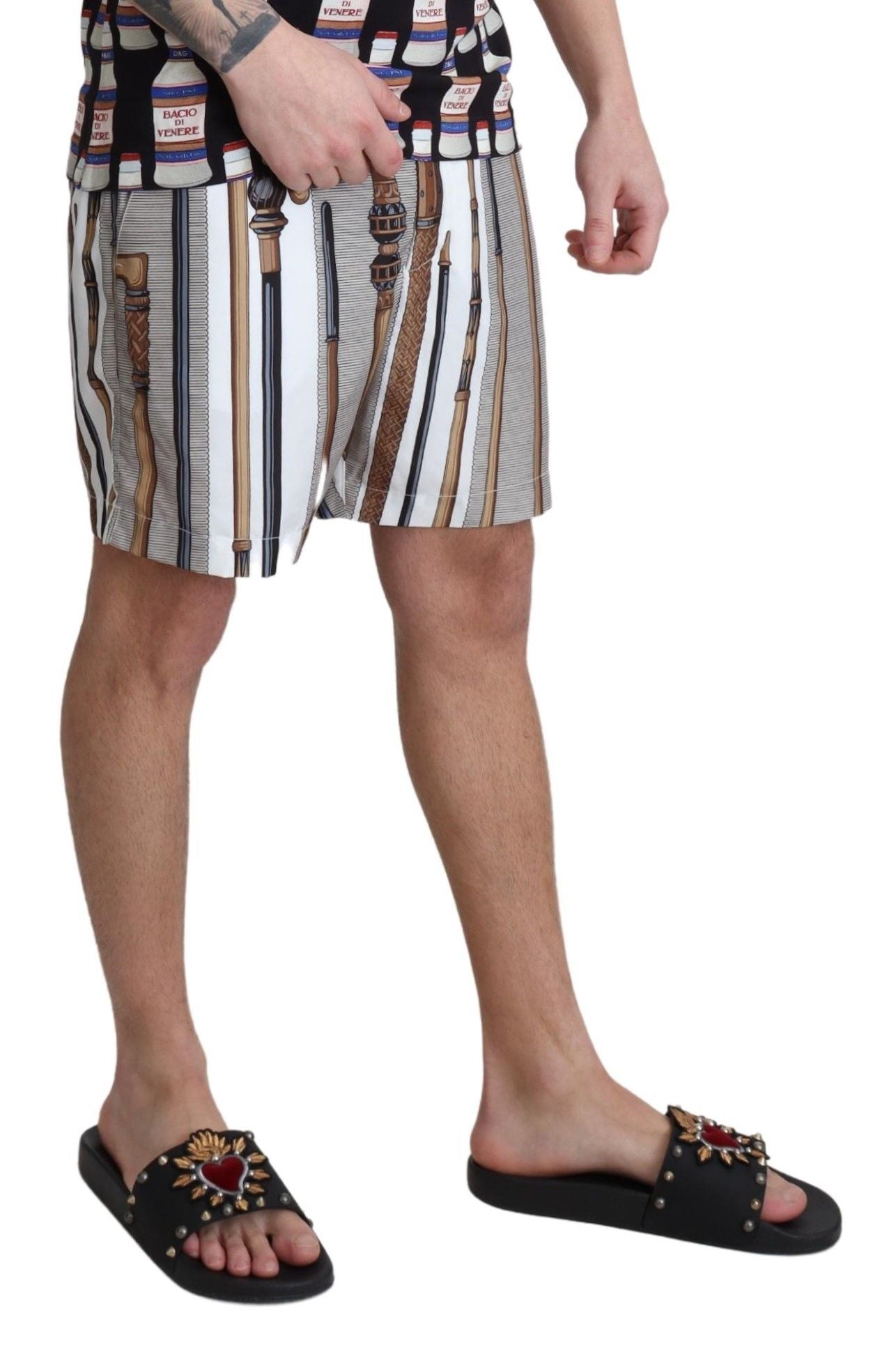 White Walking Stick Beachwear Shorts Swimshorts-Dolce & Gabbana-LabelTerrace.com