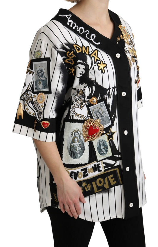 White and black Blouse Cotton Crystal Charms Amore Shirt-Dolce & Gabbana-LabelTerrace.com
