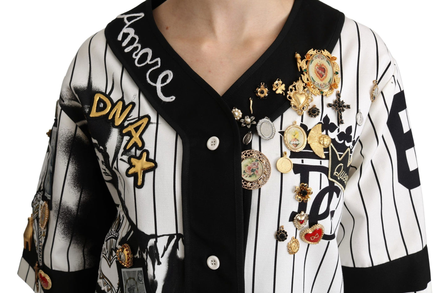 White and black Blouse Cotton Crystal Charms Amore Shirt-Dolce & Gabbana-LabelTerrace.com