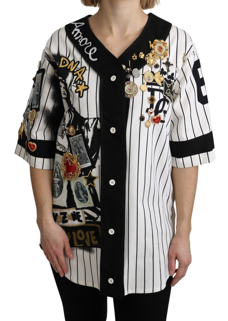 White and black Blouse Cotton Crystal Charms Amore Shirt-Dolce & Gabbana-LabelTerrace.com