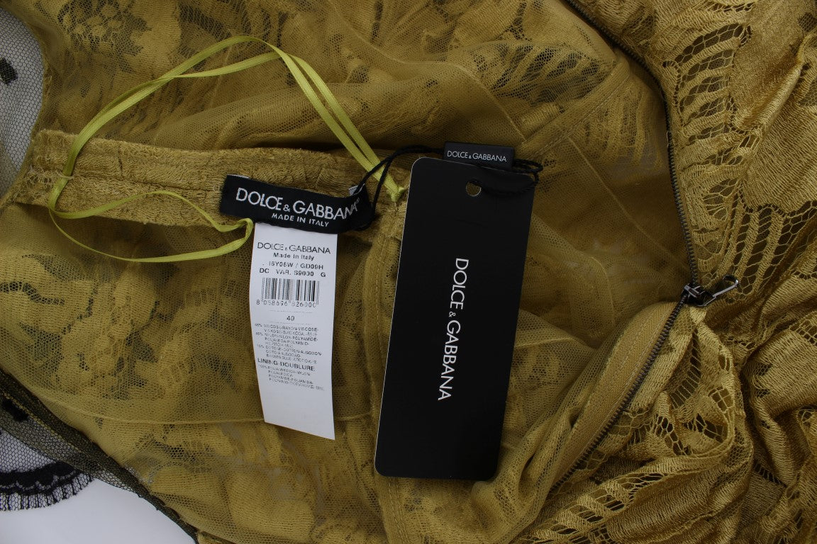 Yellow Black Floral Lace Ricamo Gown Dress-Dolce & Gabbana-LabelTerrace.com