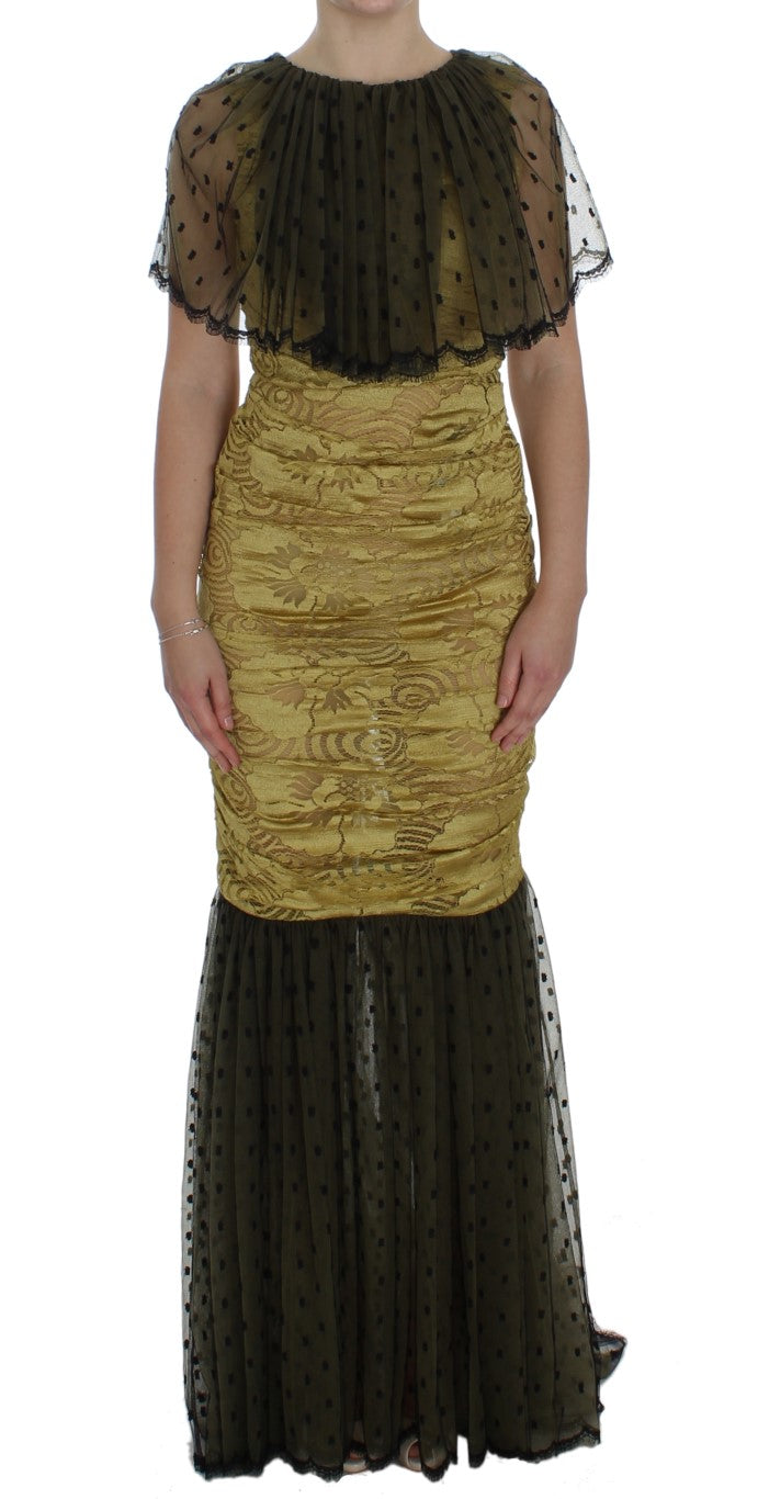 Yellow Black Floral Lace Ricamo Gown Dress-Dolce & Gabbana-LabelTerrace.com