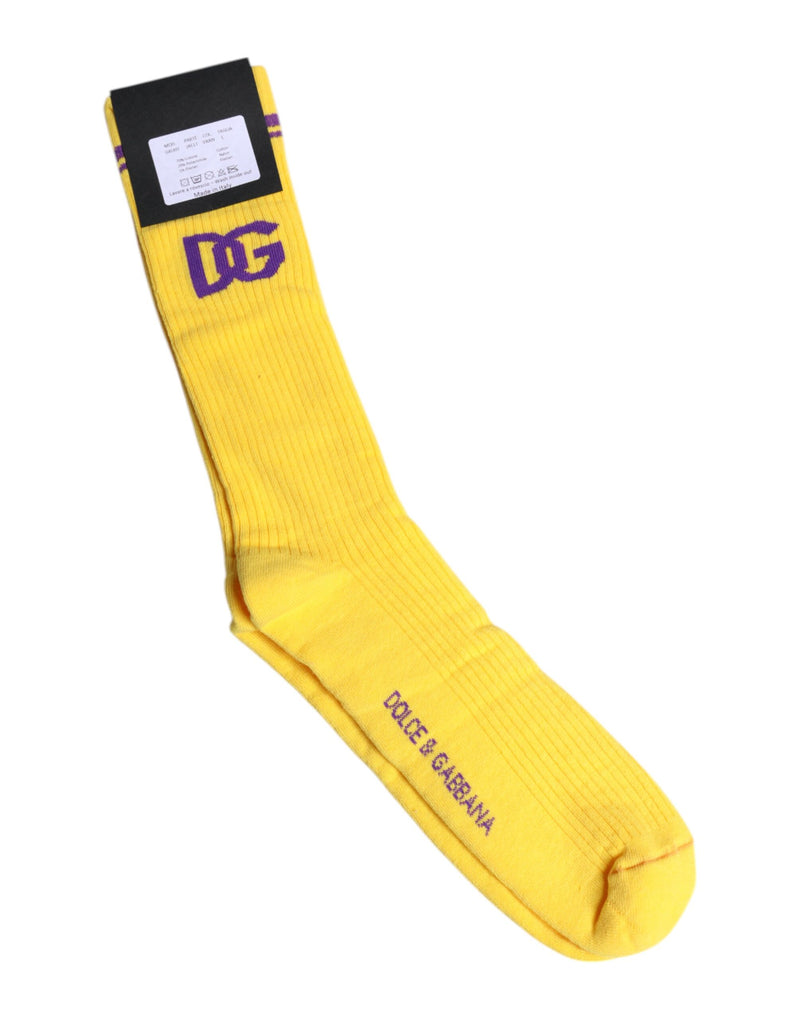 Yellow Cotton DG Logo Mid Calf Socks-Dolce & Gabbana-LabelTerrace.com