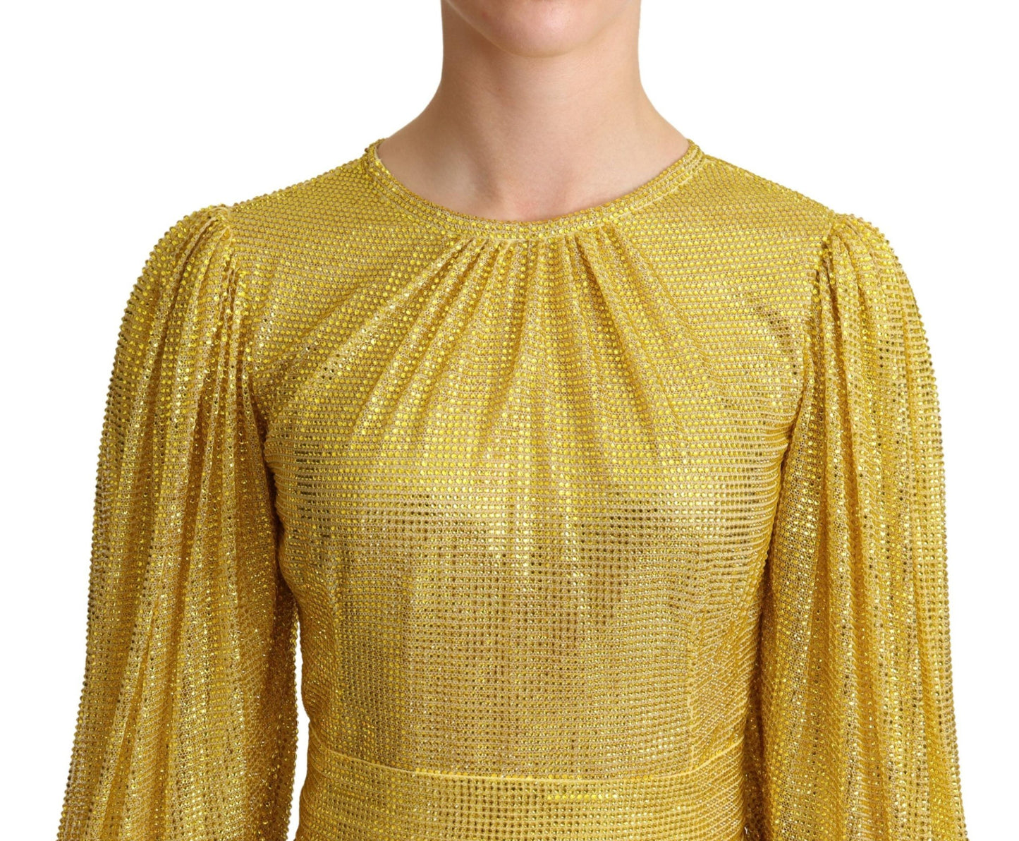 Yellow Crystal Mesh Pleated Maxi Dress-Dolce & Gabbana-LabelTerrace.com