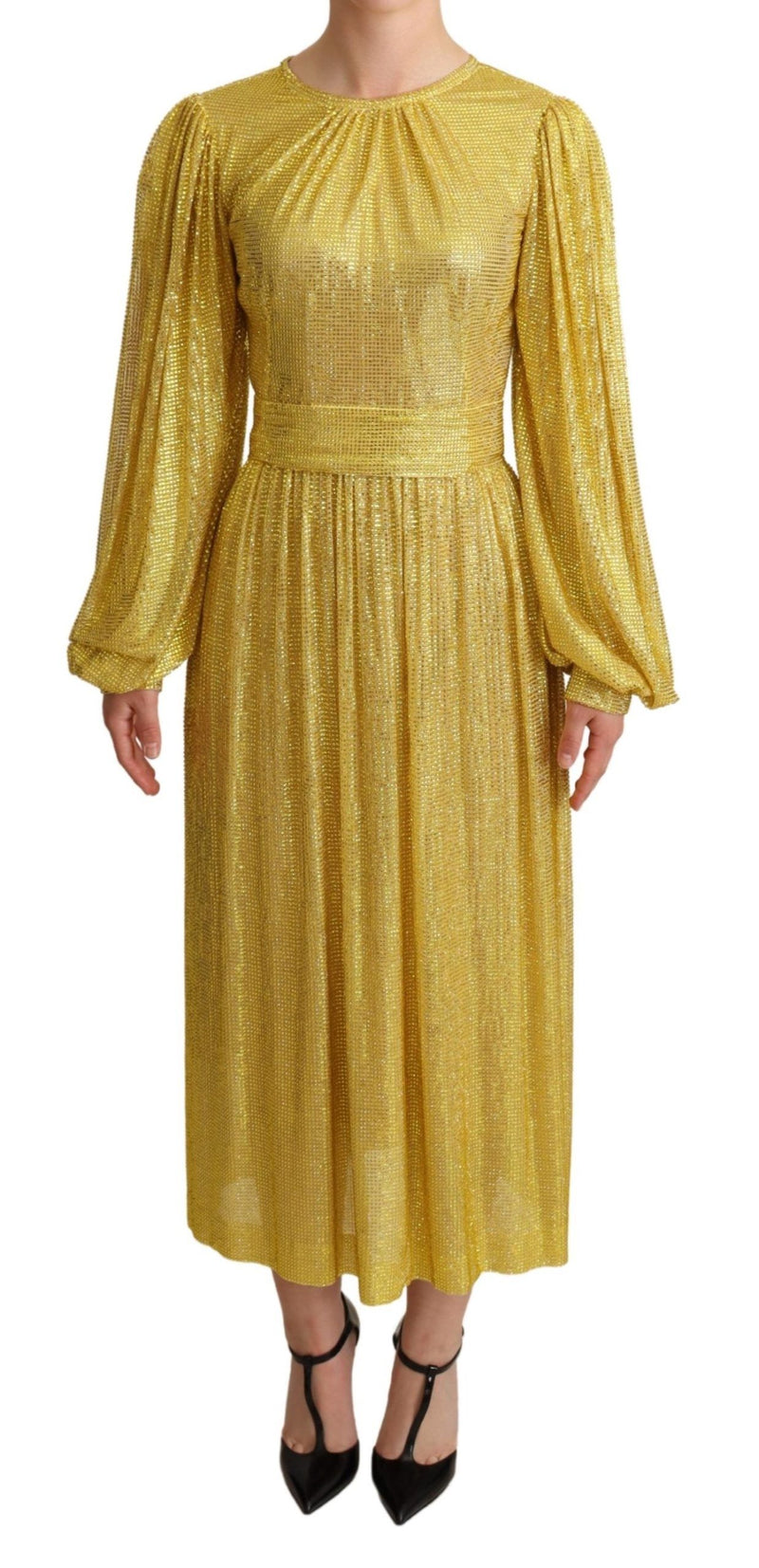 Yellow Crystal Mesh Pleated Maxi Dress-Dolce & Gabbana-LabelTerrace.com