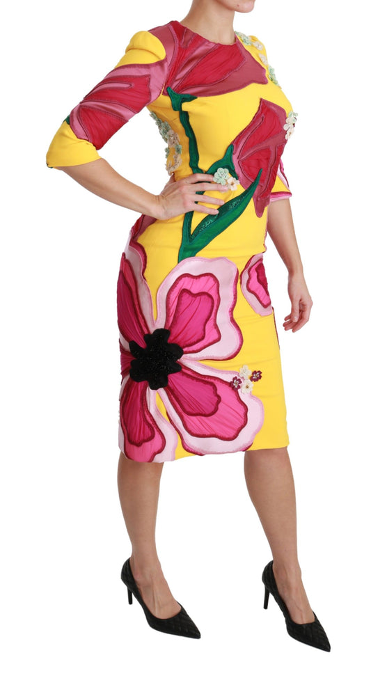 Yellow Floral Crystal Bodycon Sheath Dress-Dolce & Gabbana-LabelTerrace.com
