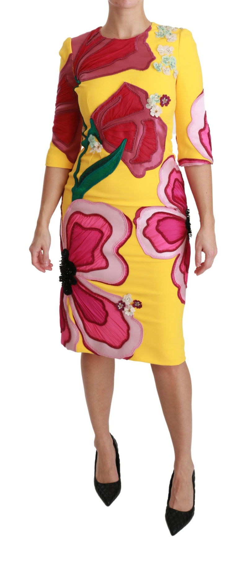 Yellow Floral Crystal Bodycon Sheath Dress-Dolce & Gabbana-LabelTerrace.com