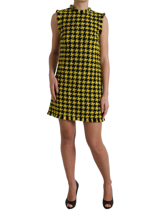 Yellow Houndstooth Sleeveless Aline Mini Dress-Dolce & Gabbana-LabelTerrace.com