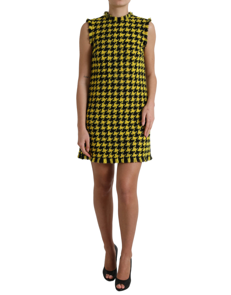 Yellow Houndstooth Sleeveless Aline Mini Dress-Dolce & Gabbana-LabelTerrace.com