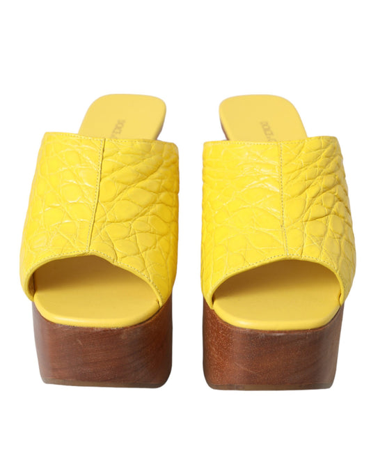 Yellow Leather Wood Mule Wedge Slides Shoes-Dolce & Gabbana-LabelTerrace.com