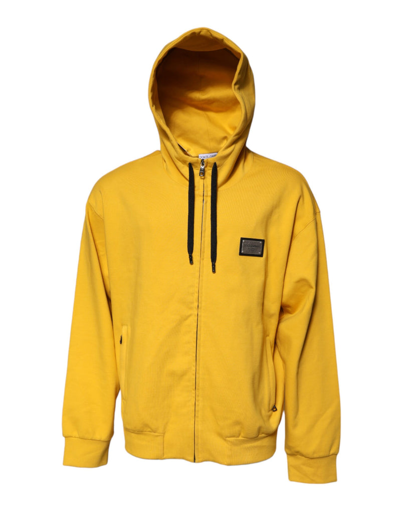Yellow Logo Plaque Hooded Full Zip Sweater-Dolce & Gabbana-LabelTerrace.com