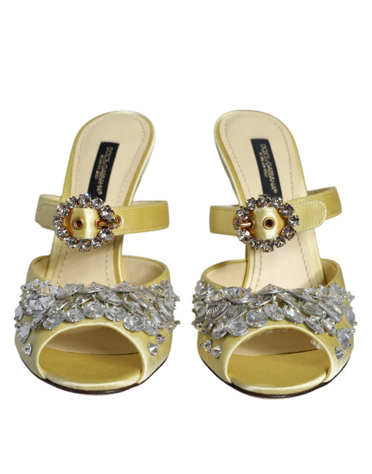 Yellow Mary Janes Satin Crystal Sandals Shoes-Dolce & Gabbana-LabelTerrace.com