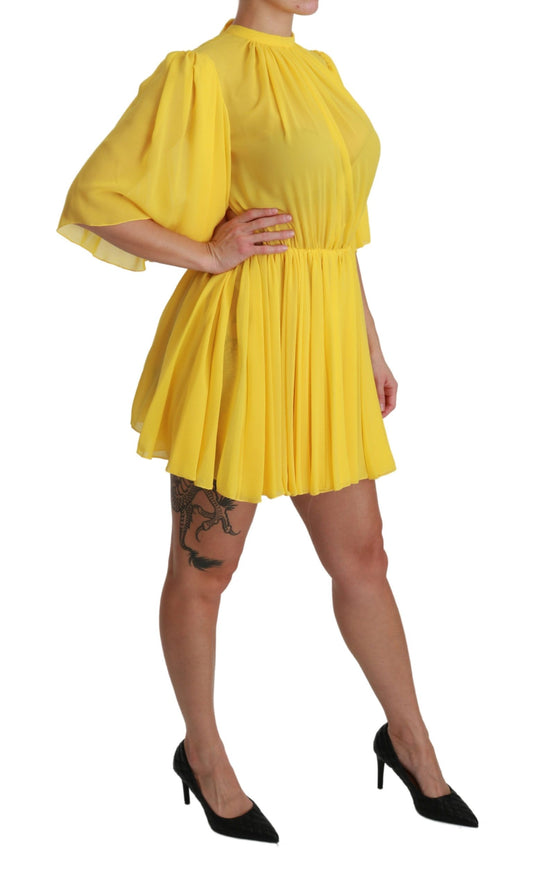 Yellow Pleated A-line Mini 100% Silk Dress-Dolce & Gabbana-LabelTerrace.com