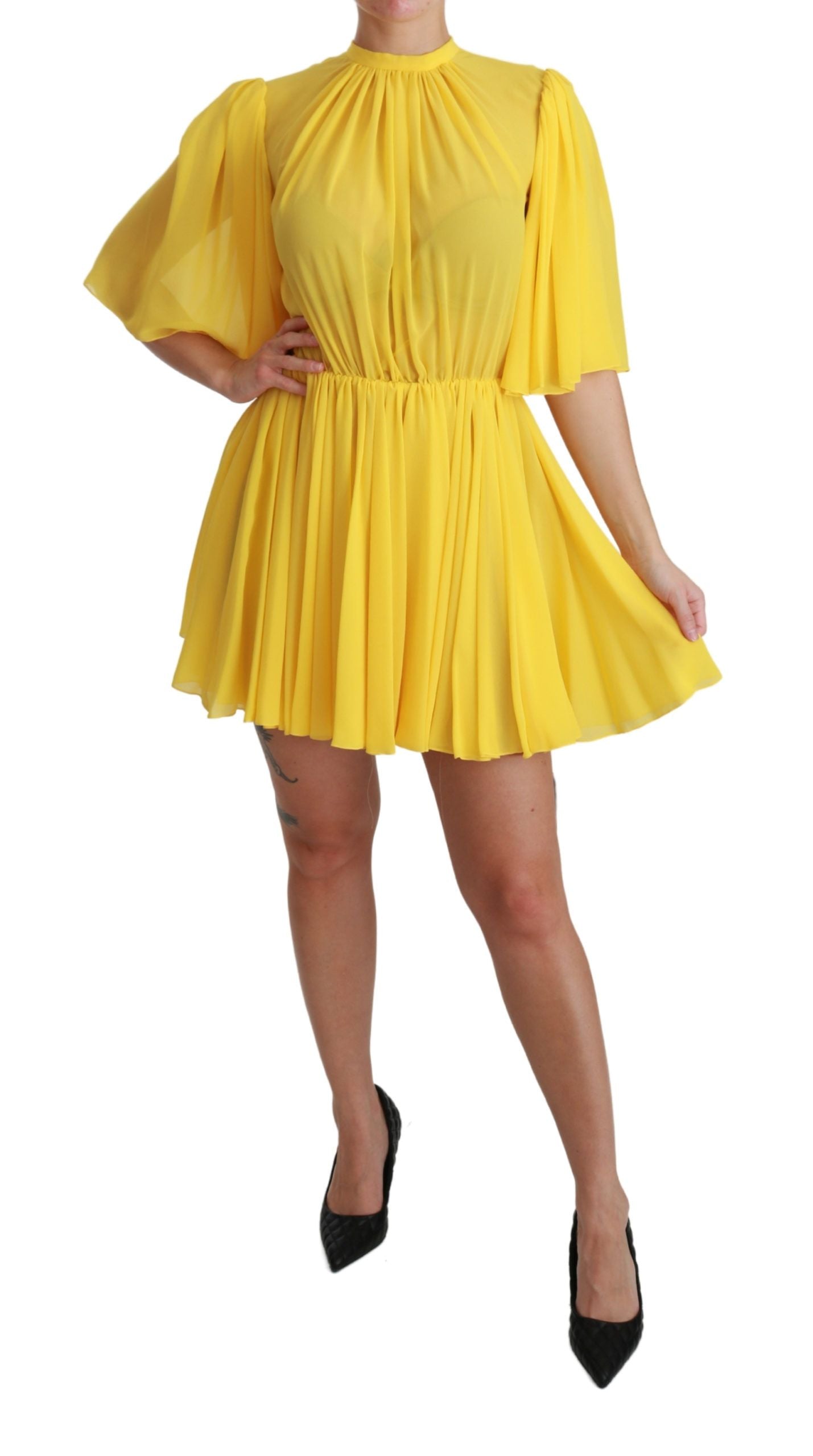 Yellow Pleated A-line Mini 100% Silk Dress-Dolce & Gabbana-LabelTerrace.com