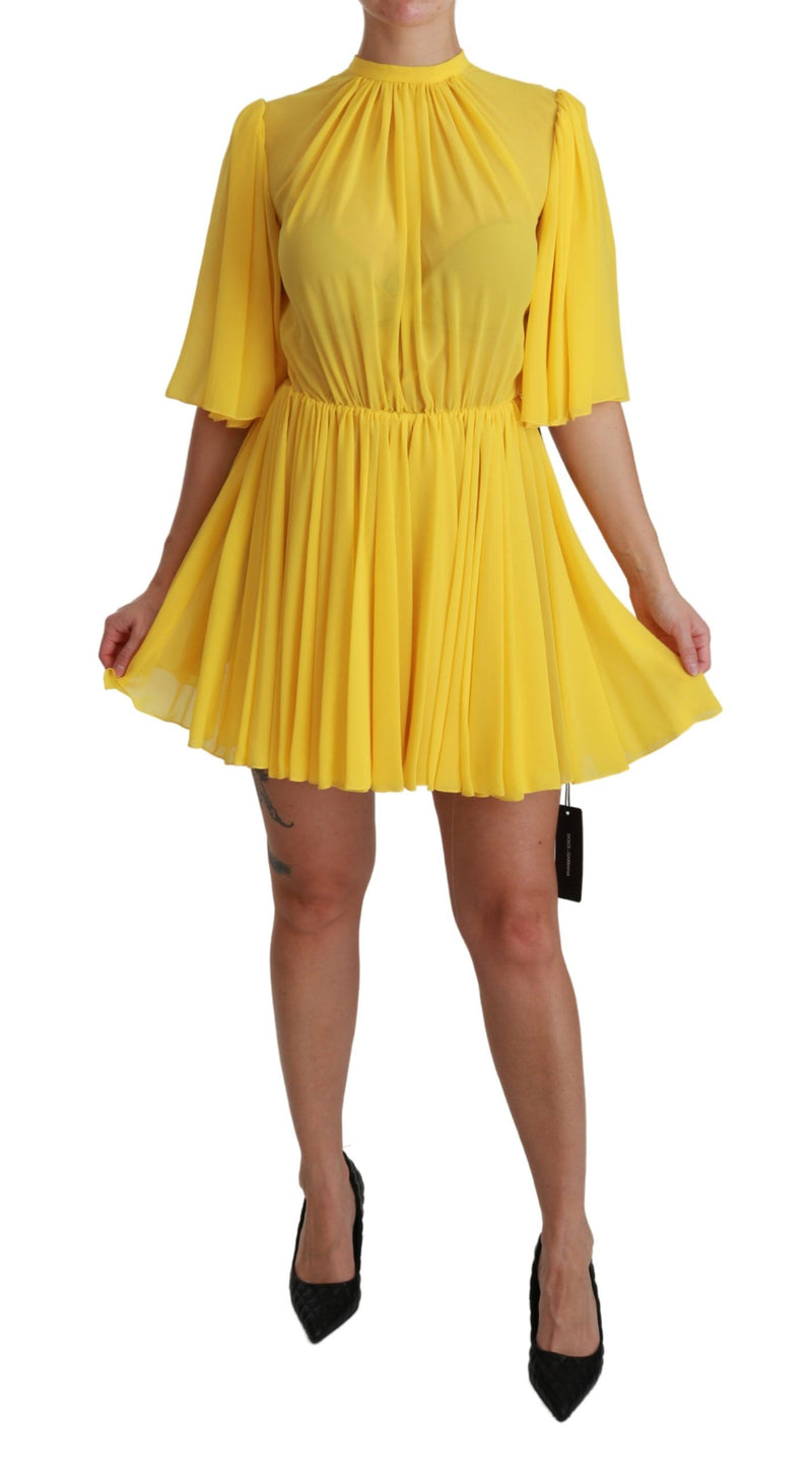 Yellow Pleated A-line Mini 100% Silk Dress-Dolce & Gabbana-LabelTerrace.com