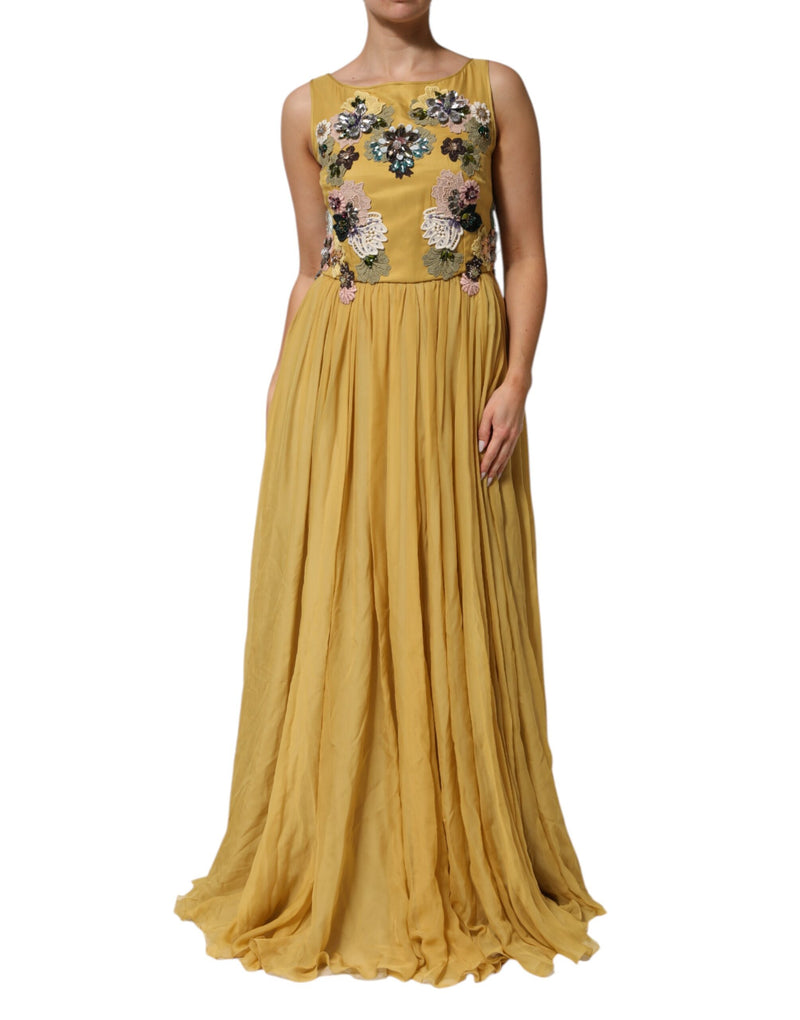 Yellow Silk Floral Embroidered Maxi Dress-Dolce & Gabbana-LabelTerrace.com