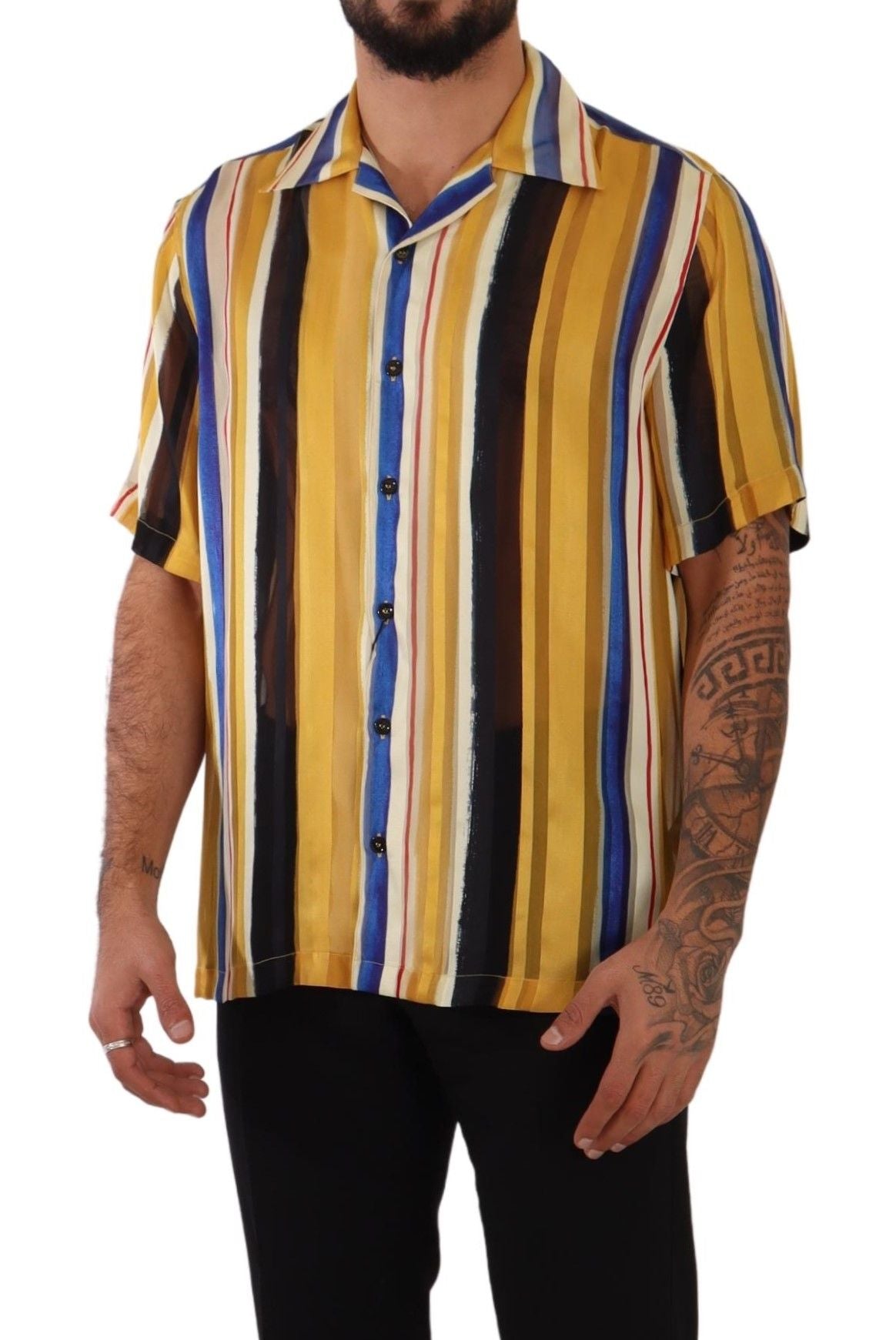 Yellow Striped Short Sleeve Silk Shirt-Dolce & Gabbana-LabelTerrace.com