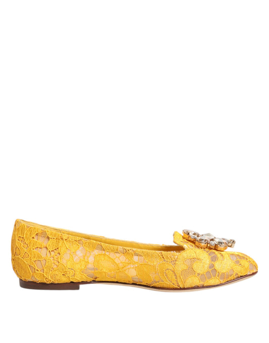 Yellow Taormina Lace Crystals Flats Shoes-Dolce & Gabbana-LabelTerrace.com
