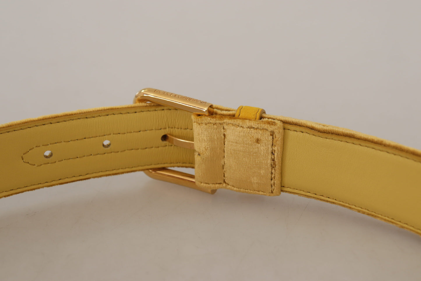Yellow Velvet Gold Metal Logo Engraved Buckle Belt-Dolce & Gabbana-LabelTerrace.com