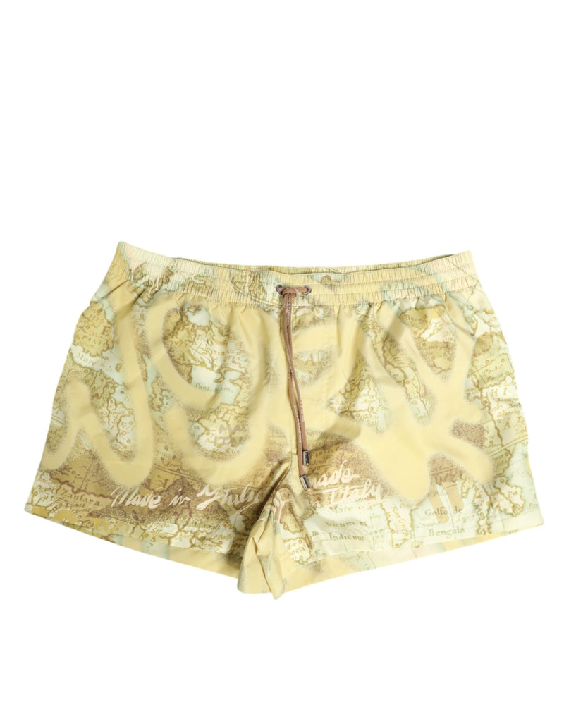 Yellow World Map Polyester Elastic Waistband Swimwear-Dolce & Gabbana-LabelTerrace.com