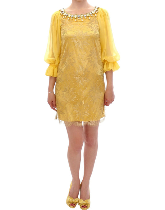 Yellow lace crystal mini dress-Dolce & Gabbana-LabelTerrace.com