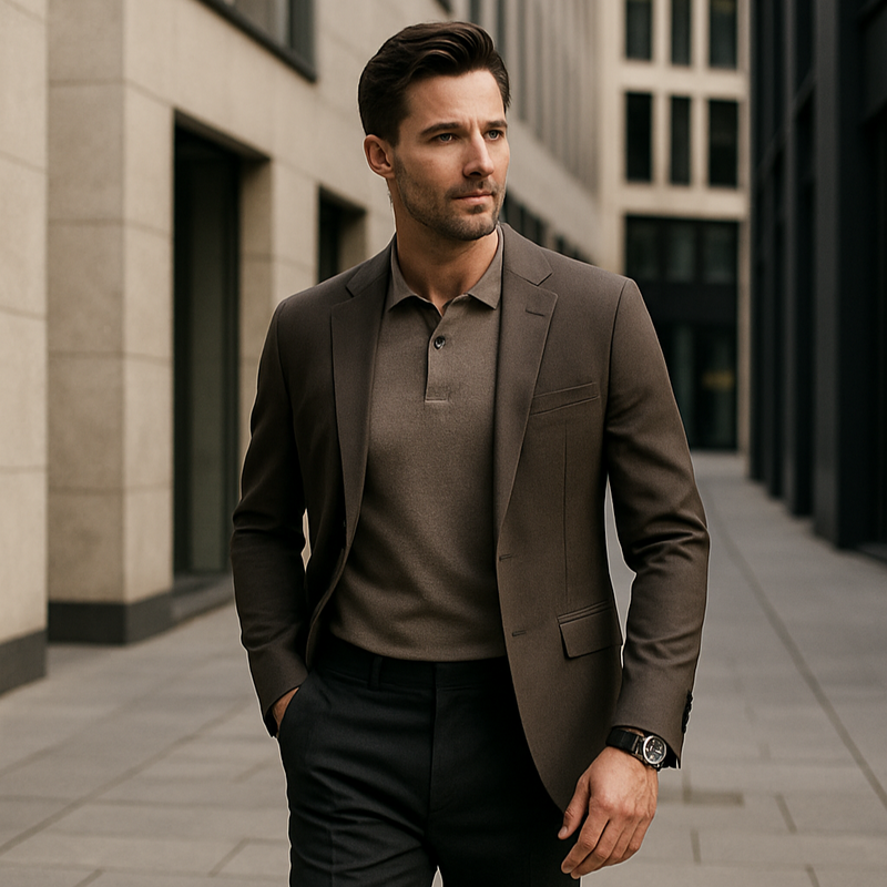 BOSS smart casual look — knit polo with tailored trousers in urban city setting