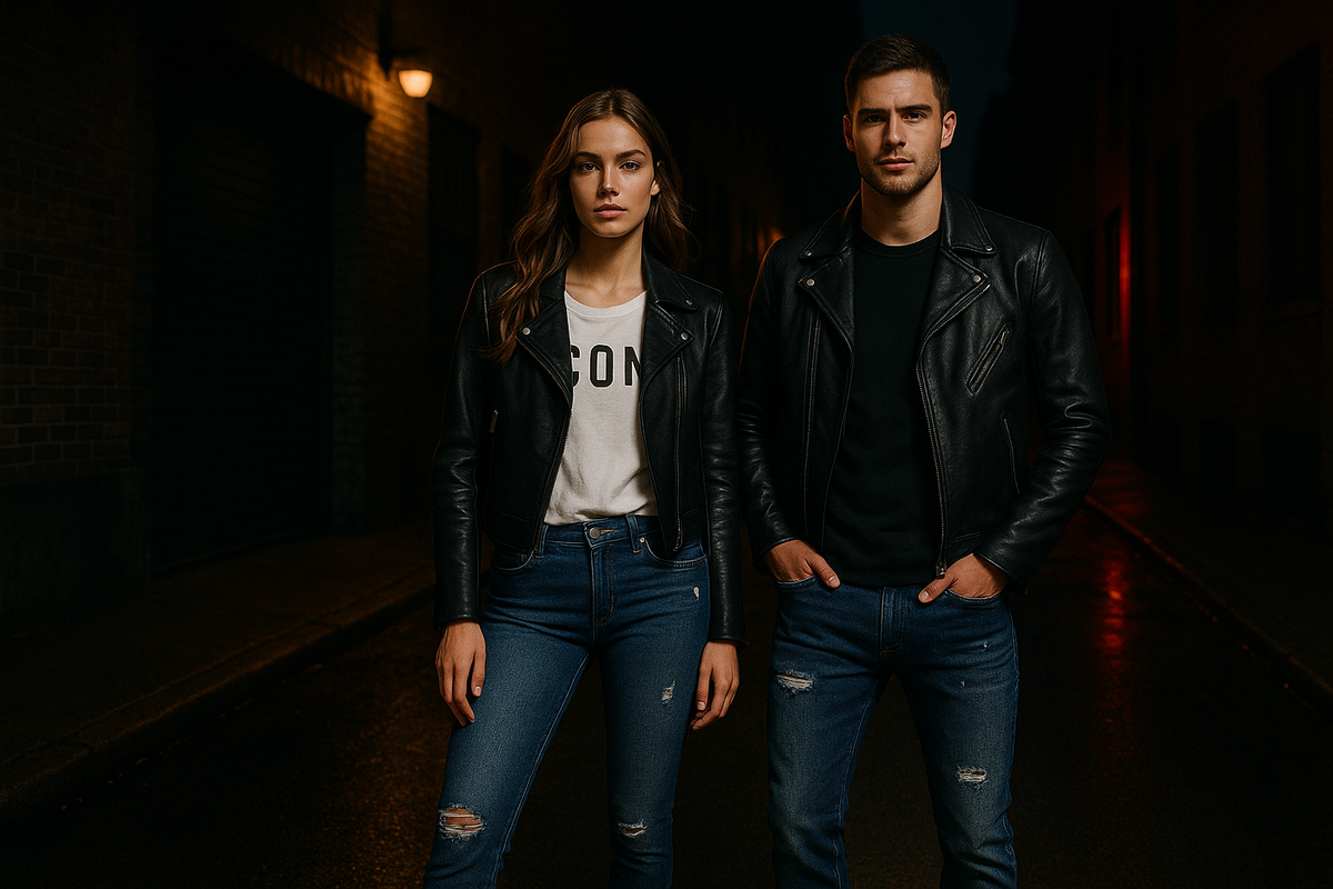 Male and female models in black leather jackets and denim jeans standing in a neon-lit alley, embodying the bold and urban Dsquared² streetwear style