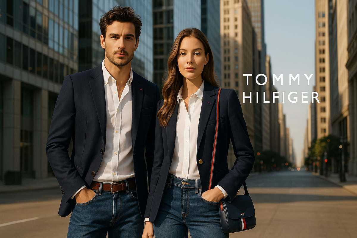 Male and female models wearing navy blazers and denim in a modern cityscape, showcasing the classic red-white-blue Tommy Hilfiger style