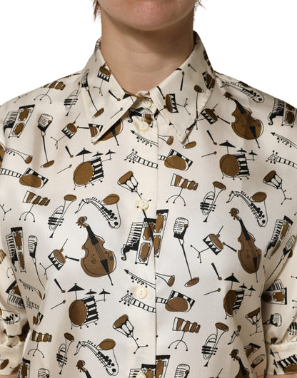 Beige Musical Instrument Print Short Sleeve Top