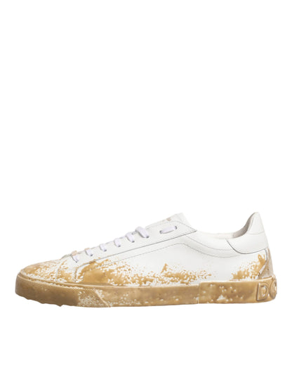 White Leather Paint Effect Low Top Sneakers  Shoes