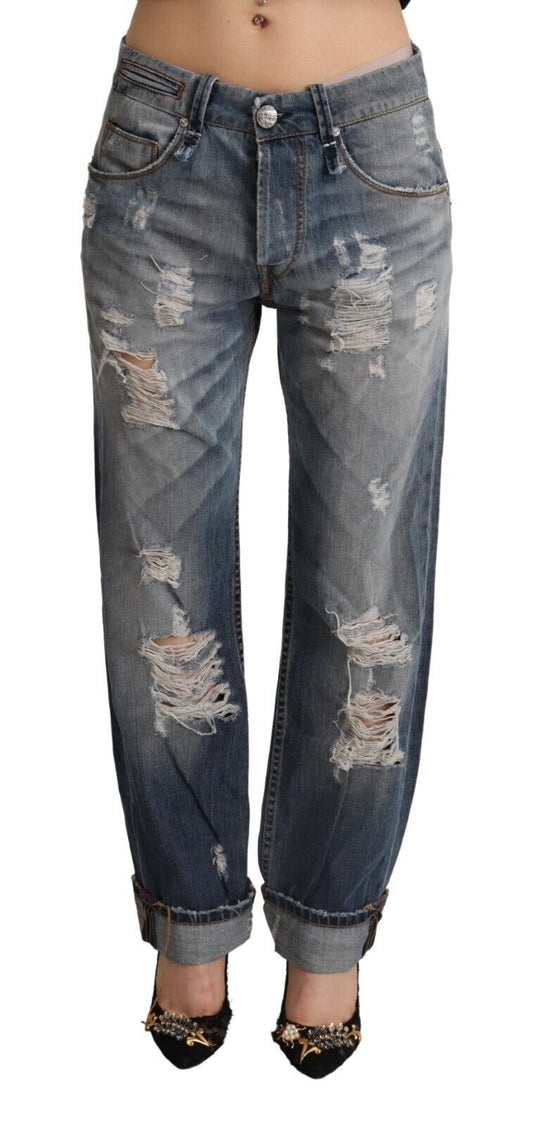 Blå, lasede, mellemhøjtaljede, lige denim-bomuldsjeans