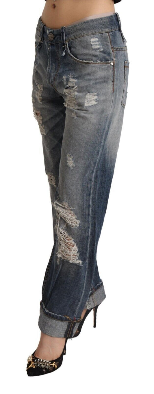 Blå, lasede, mellemhøjtaljede, lige denim-bomuldsjeans