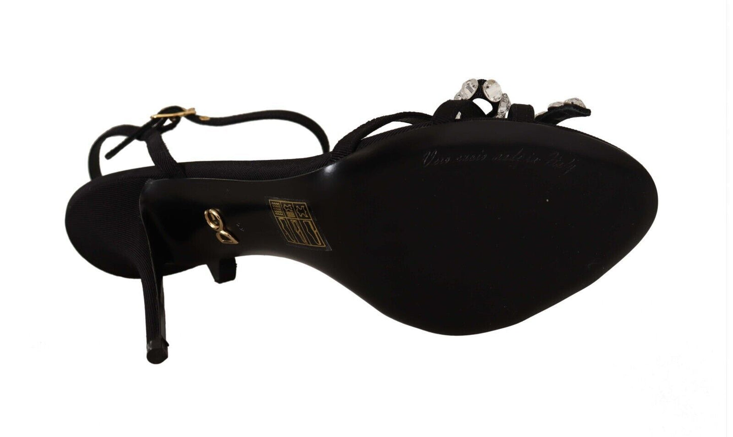 أحذية صنادل بكعب عالٍ وحزام للكاحل مرصعة بالكريستال الأسود