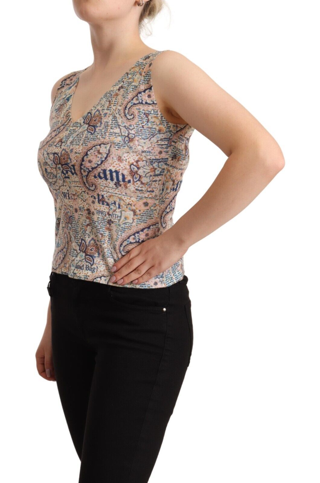 توب بدون أكمام من القطن متعدد الألوان وفتحة رقبة على شكل حرف V