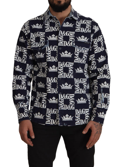 قميص كاجوال من قماش الدنيم المرن باللون الأزرق بشعار DG Crown