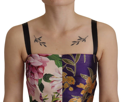 فستان متوسط الطول من الحرير الجاكار المزخرف بالزهور