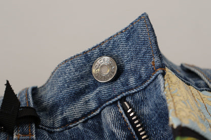 بنطلون جينز أزرق بخصر عالٍ من قماش الماجوليكا الجاكار