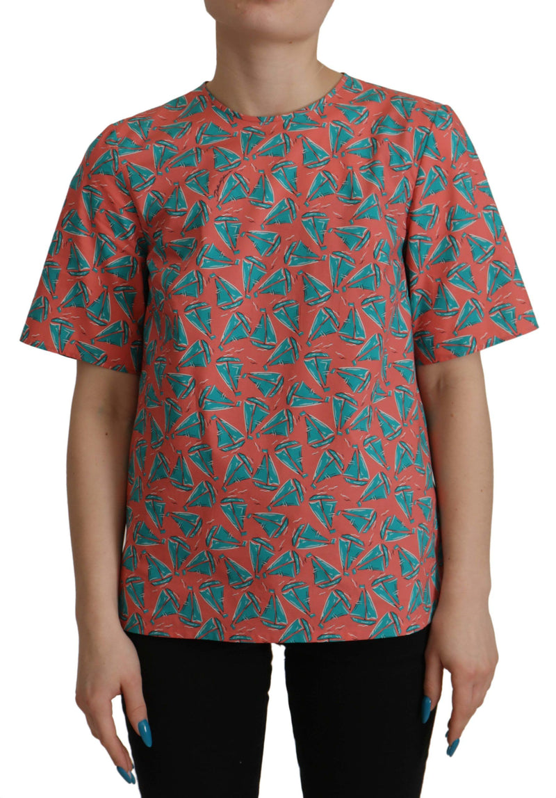 تي شيرت قطني بطبعة قارب شراعي وردي