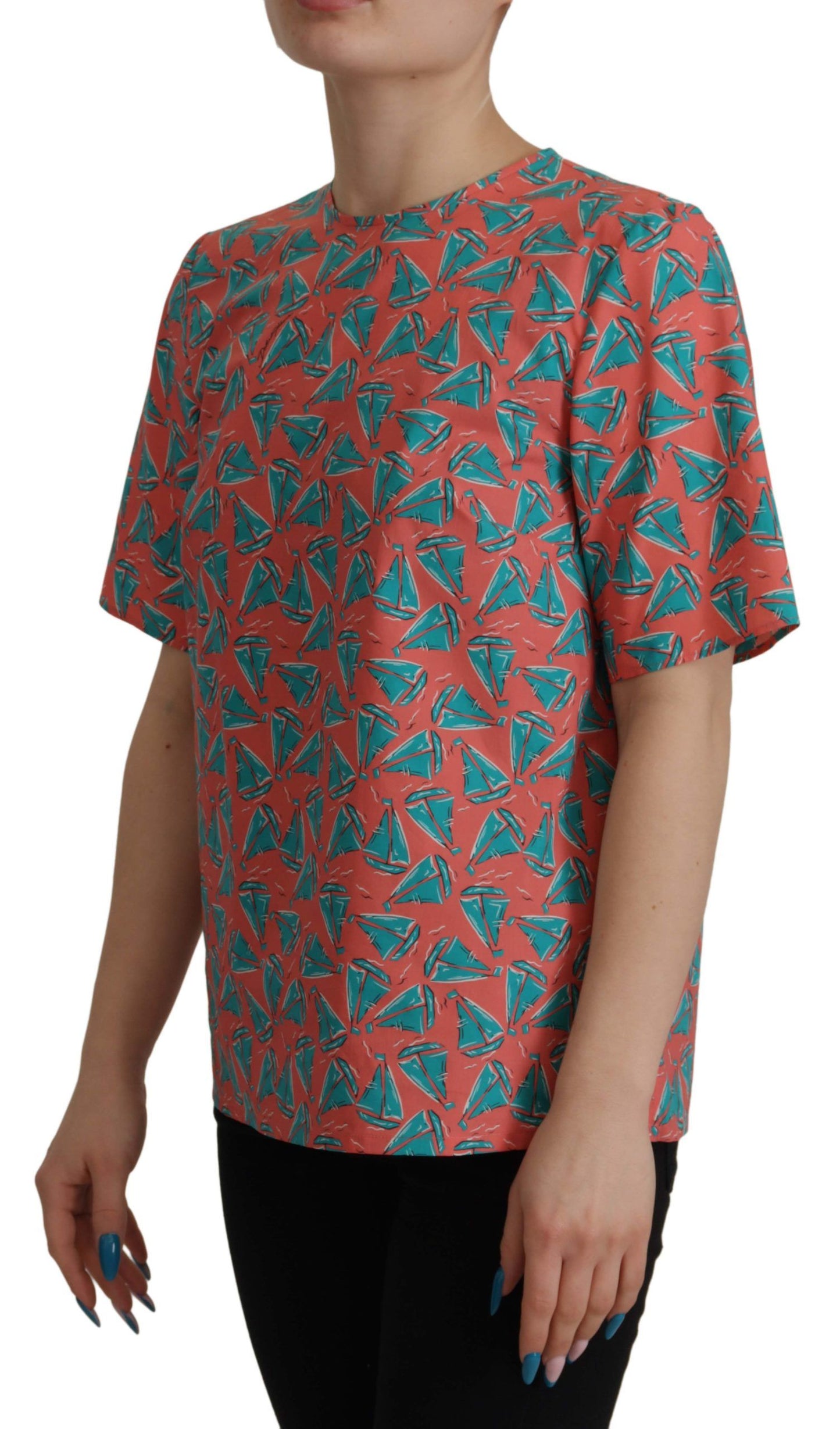 تي شيرت قطني بطبعة قارب شراعي وردي