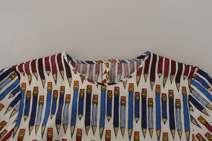 بلوزة تي شيرت قطنية بطبعة قلم رصاص باللون الأبيض