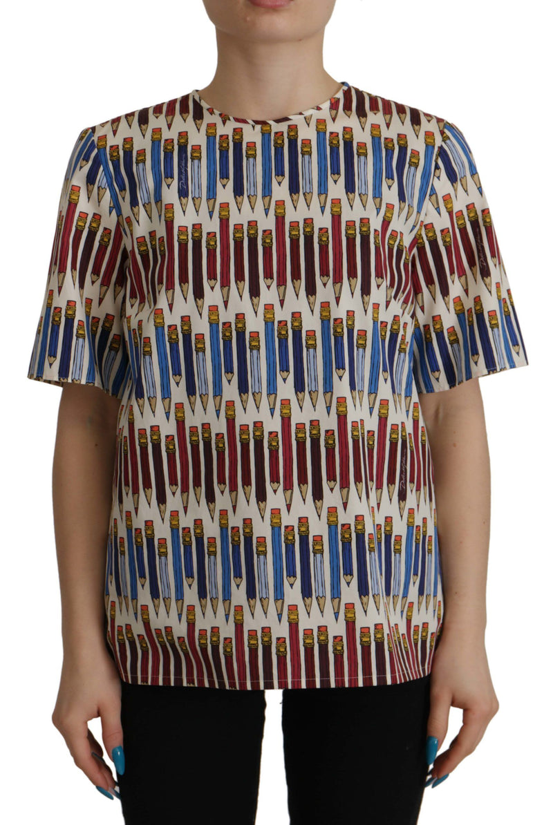 بلوزة تي شيرت قطنية بطبعة قلم رصاص باللون الأبيض