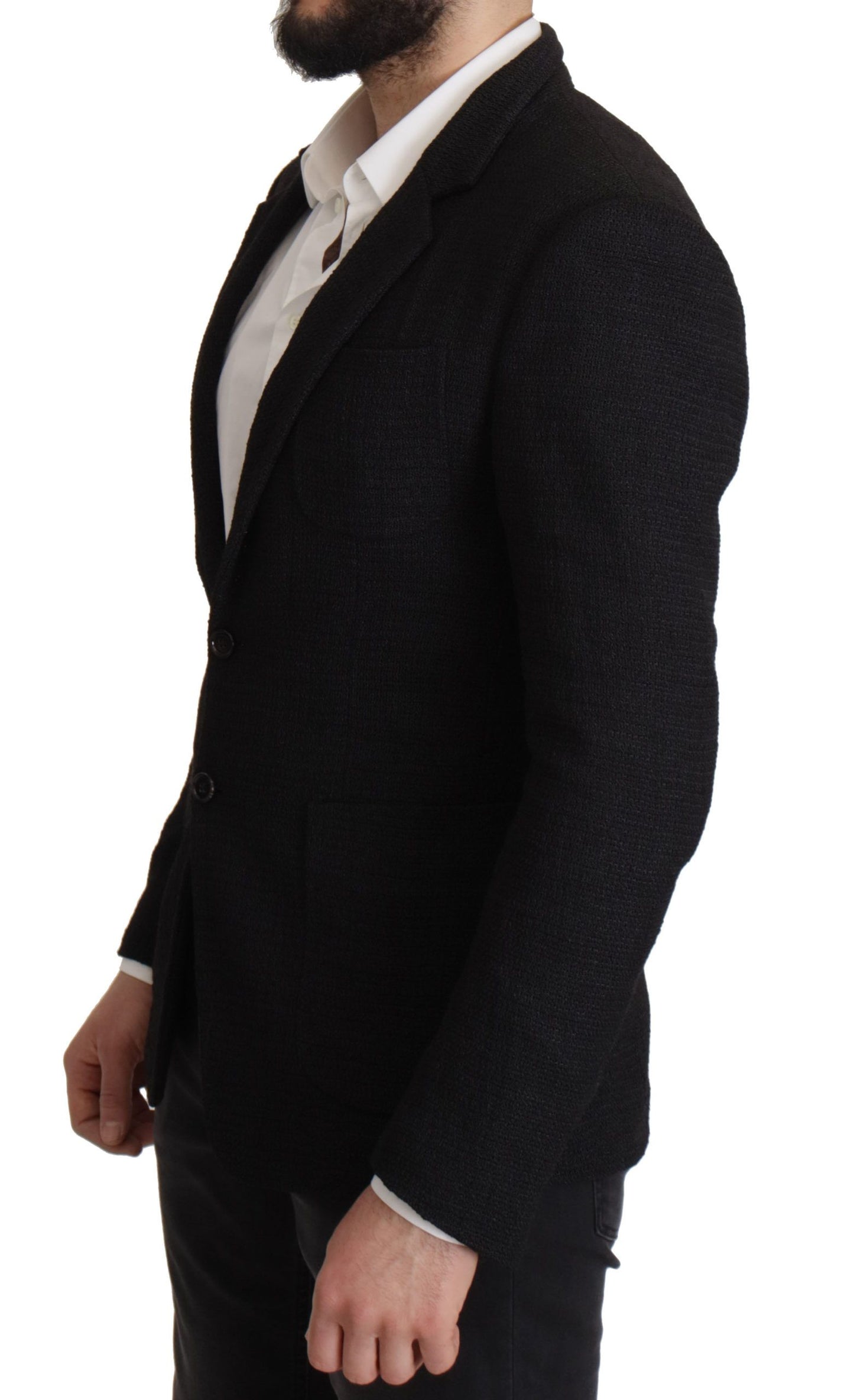 سترة رجالية سوداء ذات صف واحد من الأزرار