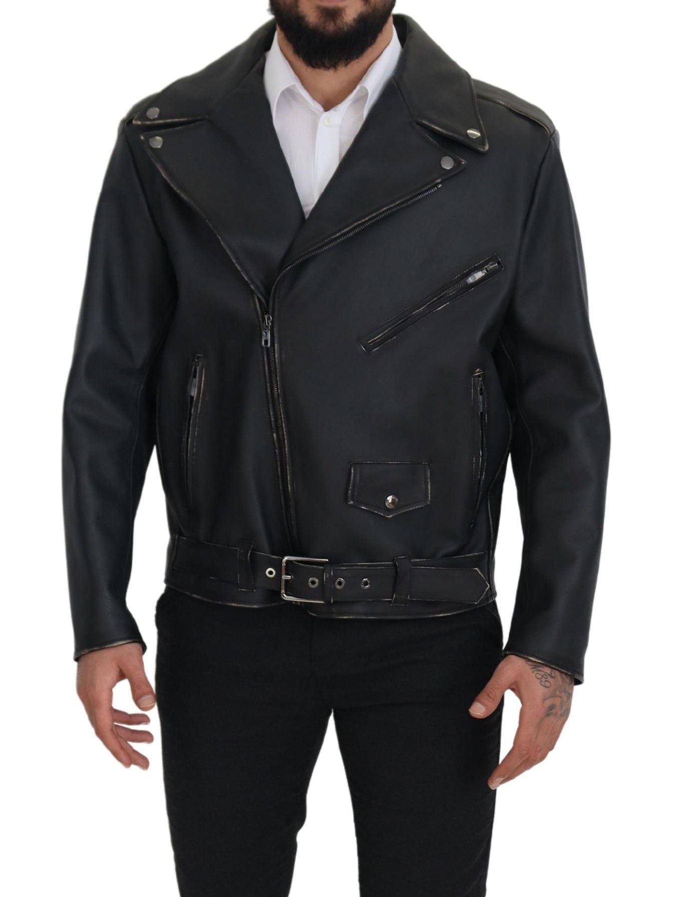 Black Leather Biker Coat Zipper Jacket