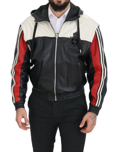Black Leather Hooded Blouson Coat Jacket