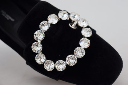 حذاء لوفر فلات من المخمل الأسود مرصع بالكريستال