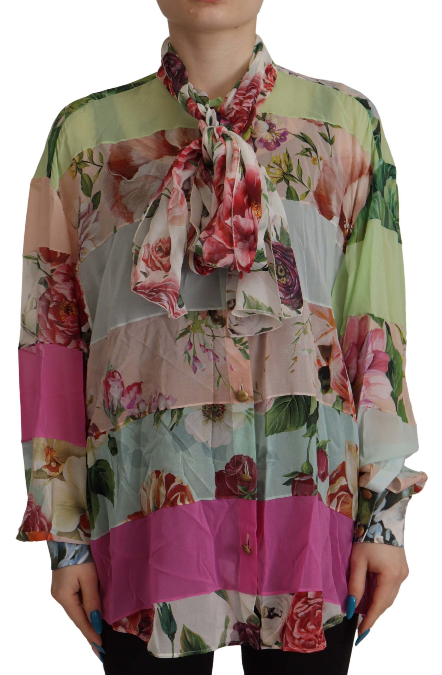 Flerfarvet blomsterprintet Ascot-kravebluse